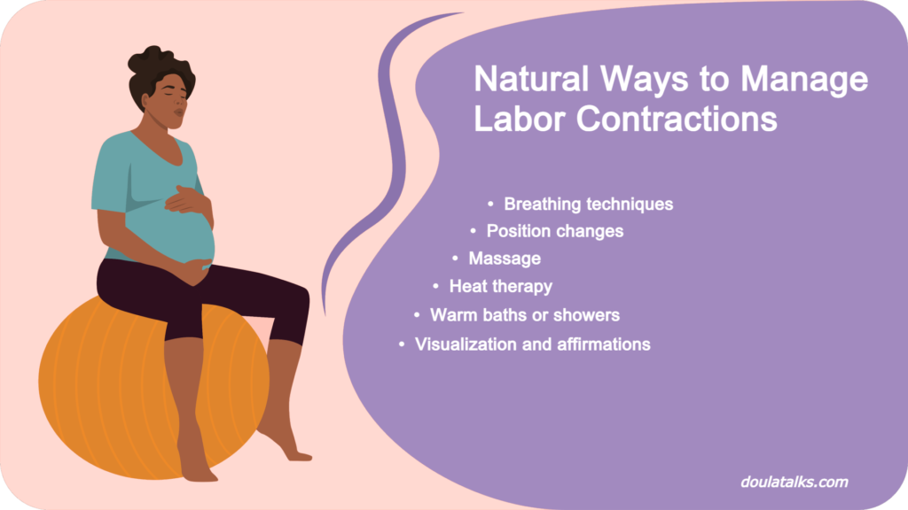 Pregnant woman sitting on a birthing ball trying to manage labor contractions in a natural way